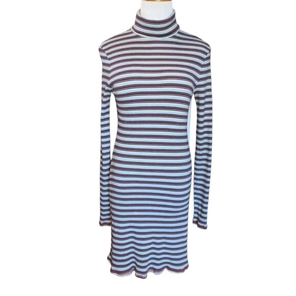Urban Outfitters BDG Kaylyn Turtleneck Y2K Ribbed Gray Stripe Mini Dress Large - Picture 2 of 9
